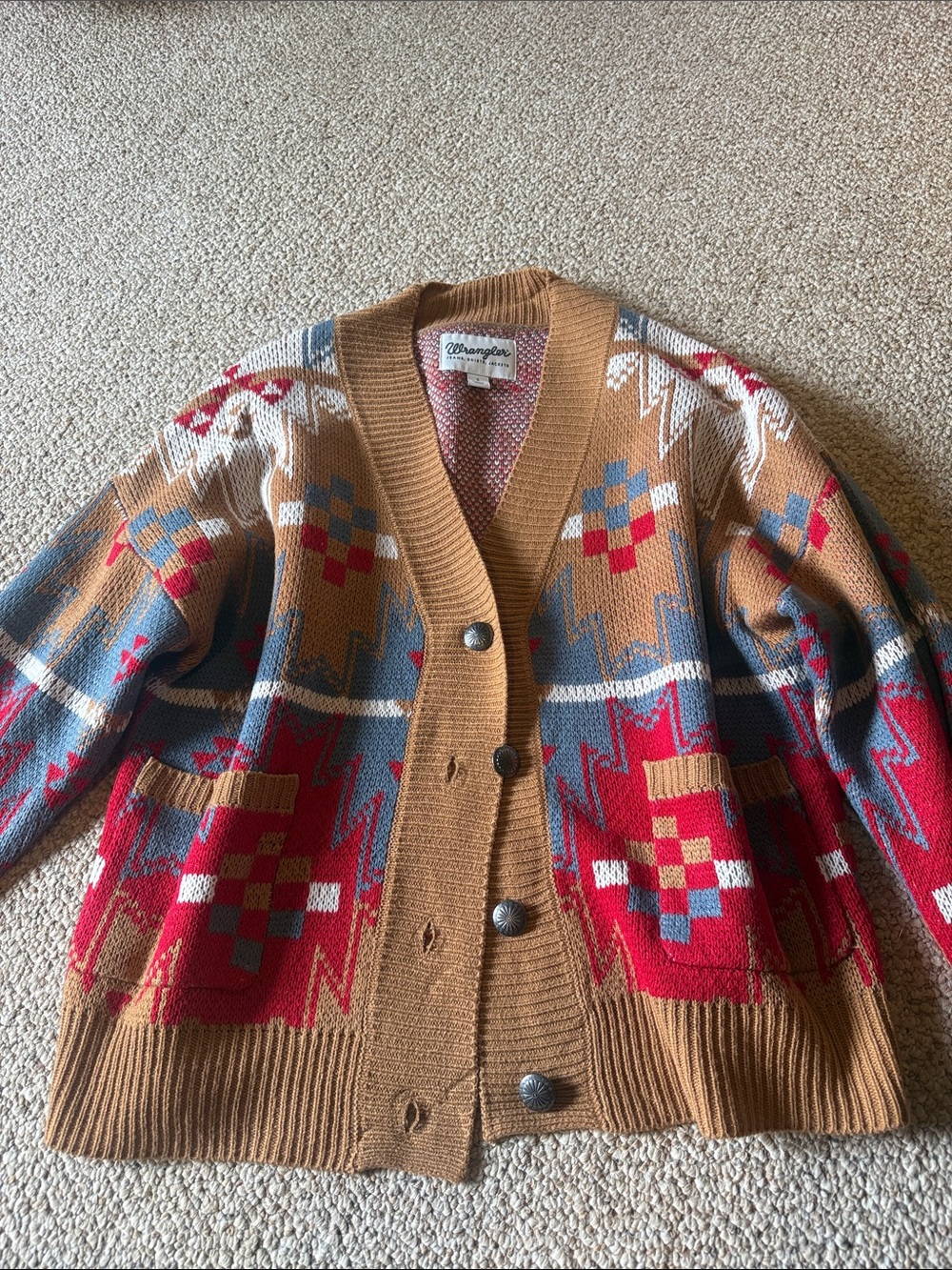 Wrangler Brown Southwestern Pattern Cardigan with Red & Blue Accents